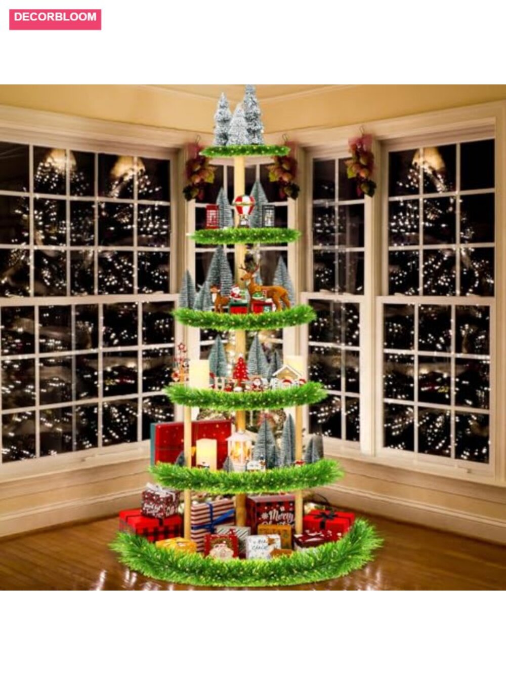 6 Tier 72 Inch Wooden Christmas Village Display Tree Stand Semicircle